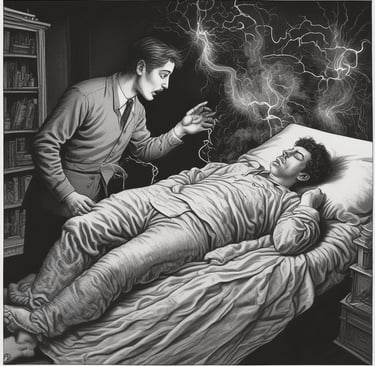 A healthcare professional wearing blue gloves and a dark blue shirt is checking the blood pressure of an elderly woman using a stethoscope and a blood pressure monitor. The woman is seated on a porch, dressed in traditional attire with a red blouse and green skirt. There are wooden pillars and a rustic background of a lightly white-washed wall with brown patches behind them.