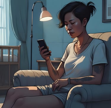 Tired parent with tattoos in a nursery, checking Cradira for support on their phone late at night.