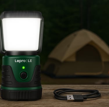 A Lepro LE rechargeable camping lantern placed on a rustic wooden surface outdoors, surrounded by a 