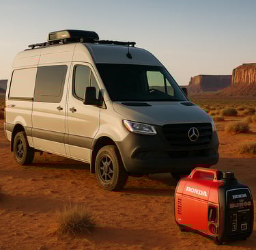 Honda EU2200i generator in front of a camper van in a desert landscape.          Ask ChatGPT