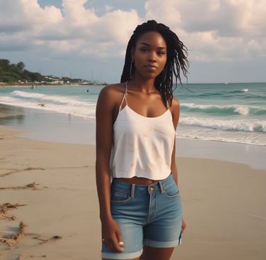 Smiling woman wearing a bright Antigua-themed shirt standing by a tropical beach.
