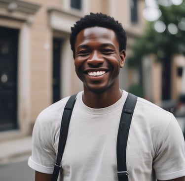Smiling woman wearing a bright Antigua-themed shirt standing by a tropical beach.