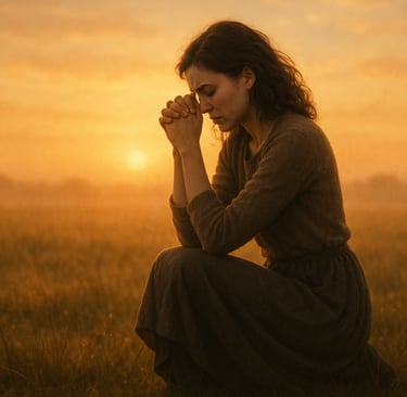Mulher ajoelhada em oração ao amanhecer em campo aberto.