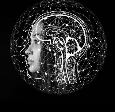 a human head with a brain map and connected dots all around