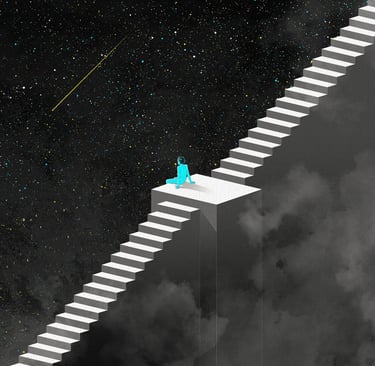 a blue girl sitting on neverending staircase looking into a stairy sky
