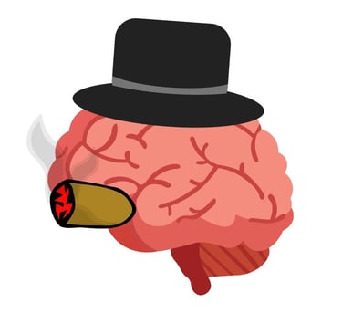 a cartoonish brain with a hat and a cigar