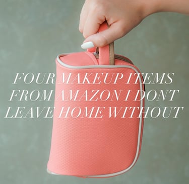 Hand holding coral makeup bag — text overlay: Four makeup items from Amazon I don’t leave home witho