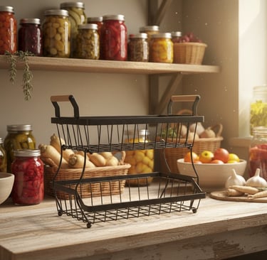 Two-tier black metal fruit basket with wooden handle, filled with bananas and fresh fruit on a kitch