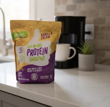 FlavCity Vanilla Cream Protein Smoothie pouch, showing healthy morning smoothie setup.