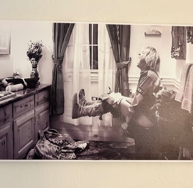 Black and white Dumb and Dumber wall art framed above toilet — funny bathroom decor with classic com