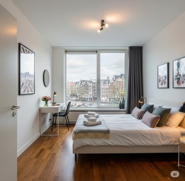 Spacious and bright bedroom in a modern Amsterdam apartment, offering comfort