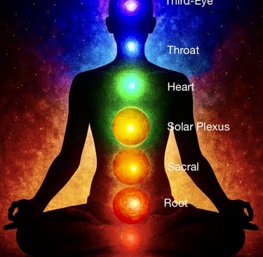 silhouette of a person sitting in lotus position with light of the seven chakras at their locations