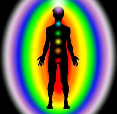 silhouette of the front of a man surrounded by an oval shape showing layers of colours