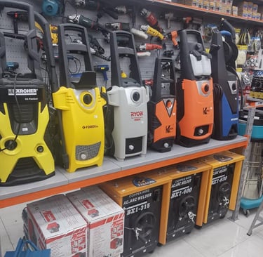 a variety of different types of power tools in a store