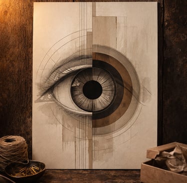 Abstract eye sketch with geometric circles on canvas, surrounded by vintage art supplies on a wooden desk.
