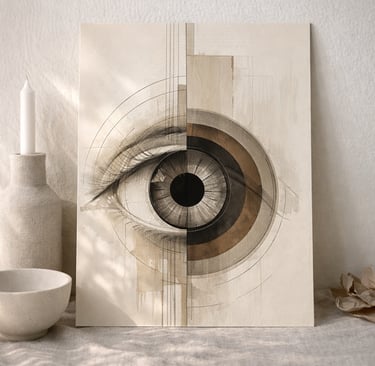 Abstract eye wall art print in beige and brown earth tones featuring geometric lines and shapes.