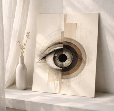 Modern abstract eye art canvas leaning on a sunny windowsill next to a ceramic vase.