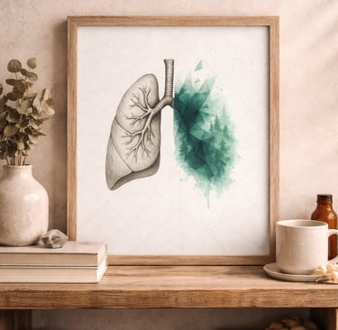 Framed watercolor wall art of human lungs merging into a green geometric forest on a rustic wooden shelf.