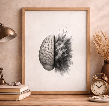 Framed human brain wall art with geometric design on a rustic wooden desk with office decor.