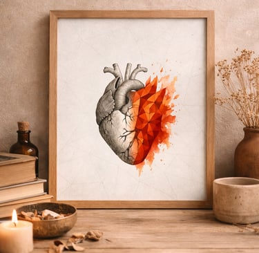 Framed anatomical heart wall art with red geometric watercolor design on a rustic wooden desk.