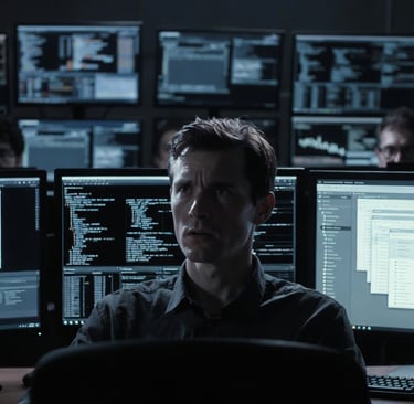A cybersecurity expert monitors data code on multiple computer screens in a dark network operations center.