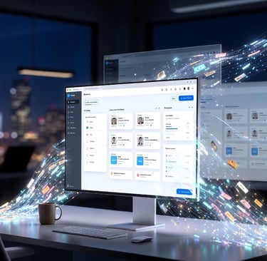 Digital data stream flowing through a computer monitor displaying a business management dashboard in a modern office.