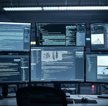 Multi-monitor workstation displaying complex software code and data analytics in a dark room.