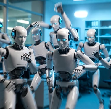 A group of humanoid robots dancing in a futuristic laboratory setting