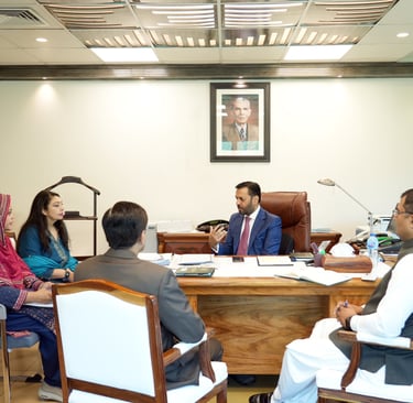 Federal Health Minister Mustafa Kamal with DG Health Dr. Ayesha Isani and Deputy Director PMDC Dr. Farah Mazhar discussing he