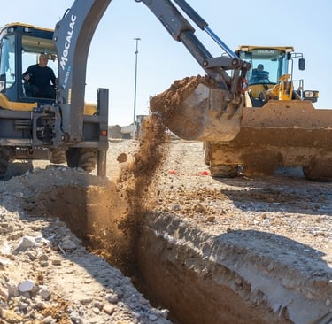 Na zdjęciu widać duży żółty koparkę, która kopie rów na budowie. Koparka ma potężny wysięgnik i szer