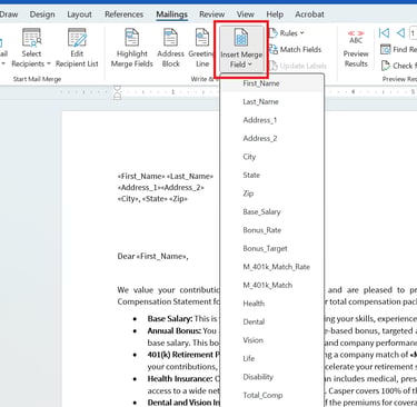screenshot showing the Insert Merge Field dropdown list of available merge fields