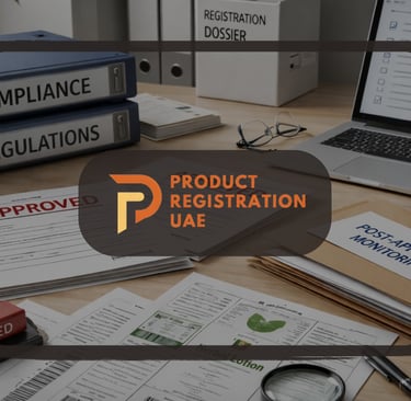Post-approval compliance workspace showing approved product dossiers, regulatory documents & Product Registration UAE logo