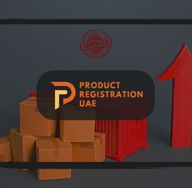 Cardboard boxes and red export arrow with a certified stamp, overlaid by Product Registration UAE logo.