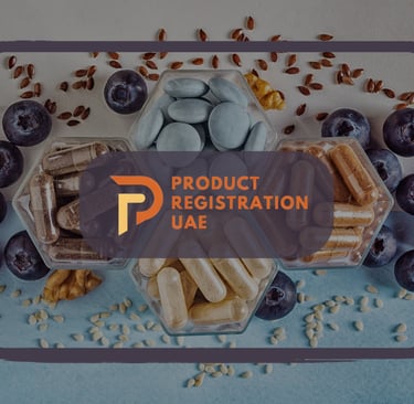 Supplement capsules with nuts, seeds, and berries, overlaid with the Product Registration UAE logo