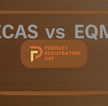 ECAS vs EQM title on a wooden background with Product Registration UAE logo in the center.