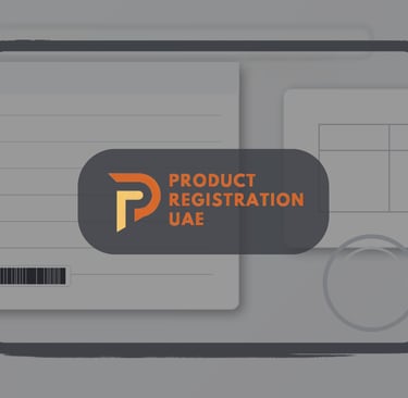 E-commerce listing mockup with forms, checklist, barcode and a browser frame, representing UAE marketplace compliance.
