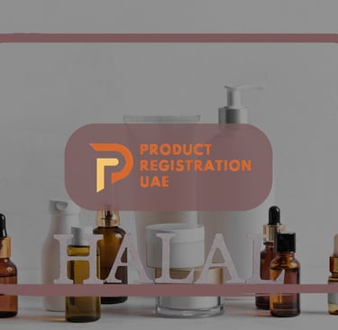 Cosmetic bottles with HALAL sign, illustrating halal certification for cosmetics in the UAE