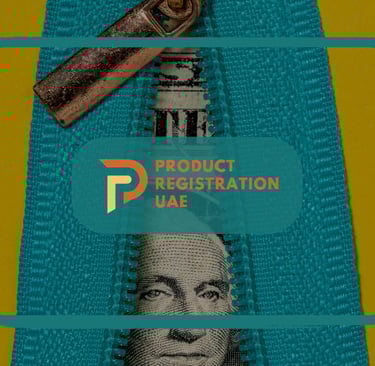 Zipped money background with Product Registration UAE logo, symbolizing hidden costs of product rejection.