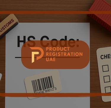 HS code document, UAE Customs stamp, GTIN barcodes, checklist, cargo container, Product Registration UAE logo.