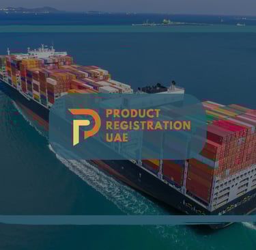 Cargo ship carrying containers at sea with Product Registration UAE logo overlay.