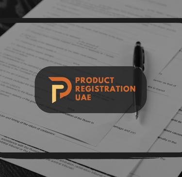 Stack of registration documents with pen, overlaid by Product Registration UAE logo, 