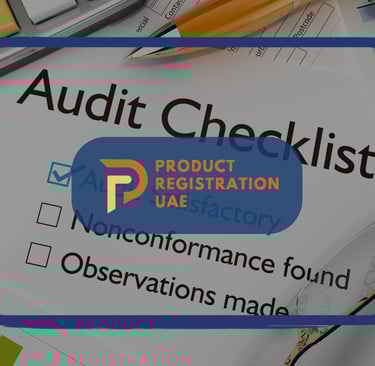 Checklist and documents for a quality assurance audit in UAE product registration, showing compliance review and data charts