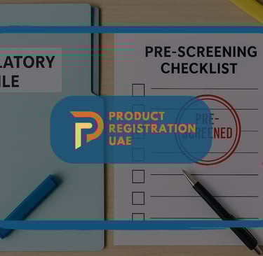 Pre-screening checklist stamped approved next to regulatory file folder for UAE product registration compliance.