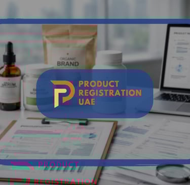 Private label product registration UAE compliance review with branded consumer products and regulatory documents on desk