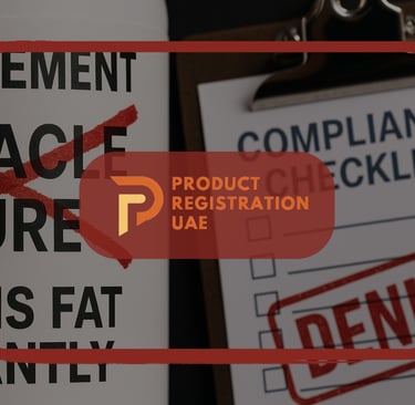 Supplement bottle with “burns fat instantly” claim flagged as denied compliance checklist,Product Registration UAE.