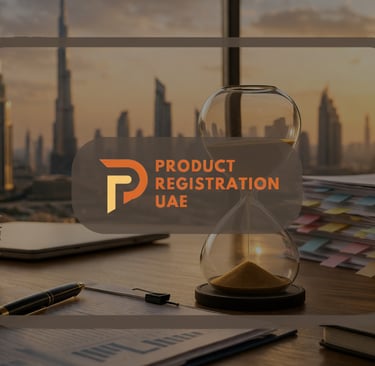 registration delays in UAE visualized with hourglass, compliance documents, Dubai skyline, and PRUAE logo centered