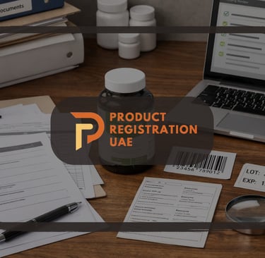Regulatory submission checklist image with Product Registration UAE logo centered on compliance documents & label review desk