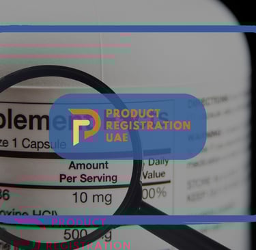 Magnifying glass inspecting supplement label with Product Registration UAE logo overlay, highlighting compliance review.