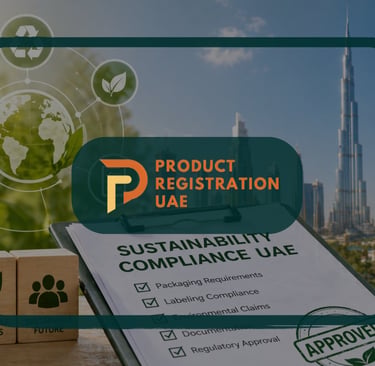 sustainability compliance UAE concept with eco icons, product approval checklist, and Dubai skyline background