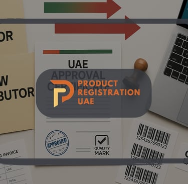 Old vs new distributor folders, UAE approval certificate, stamp, laptop, and GTIN barcodes showing a distributor switch.
